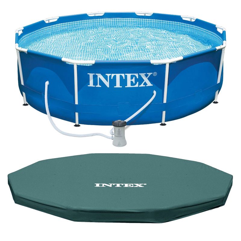 INTEX Metal Frame 10ft x 30in Round Above Ground Outdoor Swimming Pool Set with 330 GPH Filter Pump, Cartridge, and Protective Round Pool Cover, 1 of 7