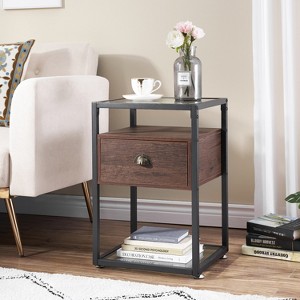 VECELO Nightstand Set of 1, Glass Top Bedside Table with Drawer & Shelf for Living Room or Bedroom, Black/Brown - 1 of 4