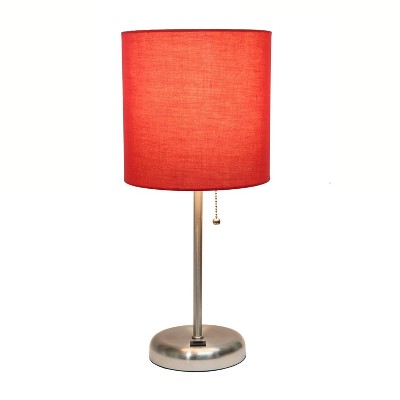Brushed Steel Table Lamp with Red Fabric Drum Shade and USB Port