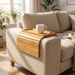 Zeus & Ruta Bamboo Sofa Arm Tray with Anti-Slip Pad, Folding Couch