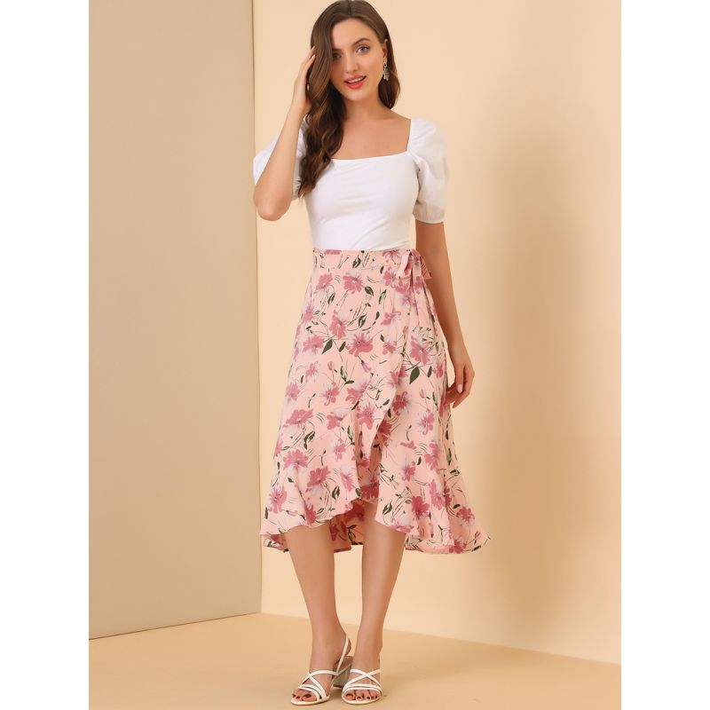 Allegra K Women's Floral Asymmetrical Ruffle Tie Waist Midi Wrap Skirts, 2 of 7