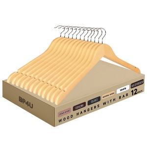BP4U Premium Solid Wood Coat Hangers, Heavy Duty Non-Slip Hangers with 360° Swivel Hook & Contoured Shoulders, Space-Saving for Jackets & Suits - 1 of 4