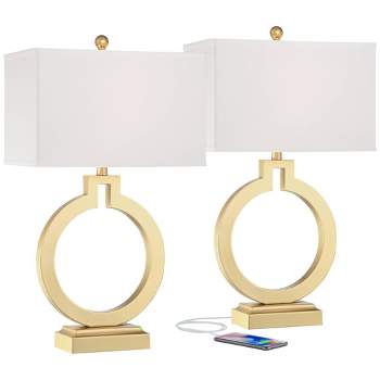 360 Lighting Modern Table Lamps 28 1/2" Tall Set of 2 with USB Charging Port Brushed Gold Open Ring White Shade for Bedroom Living Room House Bedside