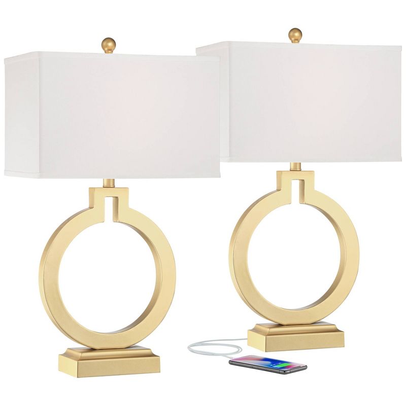 360 Lighting Modern Table Lamps 28 1/2" Tall Set of 2 with USB Charging Port Brushed Gold Open Ring White Shade for Bedroom Living Room House Bedside, 1 of 11