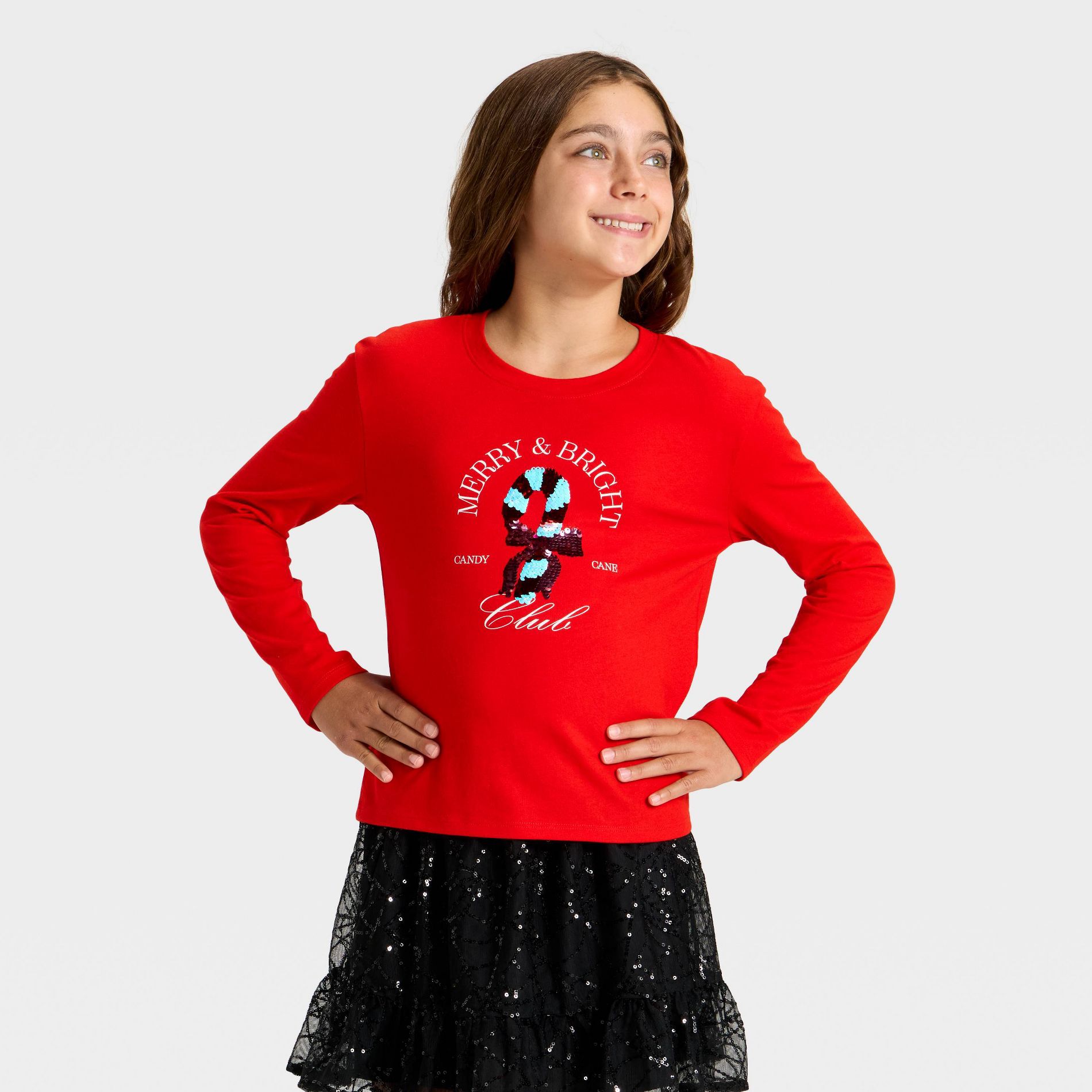 Girls' Long Sleeve Christmas 'Candy Cane' Flip Sequin T-Shirt - Cat & Jack™ Red