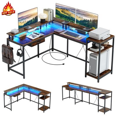 Whizmax L Shaped Gaming Desk,68" Computer Desk with Power Outlets&LED Lights,Home Office Desk with File Drawer,Corner Desk with Monitor Shelf and Hook