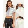 INSPIRE CHIC Women's Party Short Sleeve Mock Neck Holographic Metallic Crop Top - 2 of 4