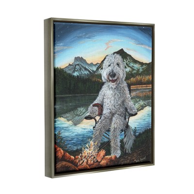 Dog by Campfire Landscape Gray Framed Canvas Wall Art