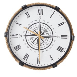 Olivia & May 19"x20" Stainless Steel Compass Wall Clock with Rope Accents Brown: Nautical Theme, Indoor Use - 1 of 4