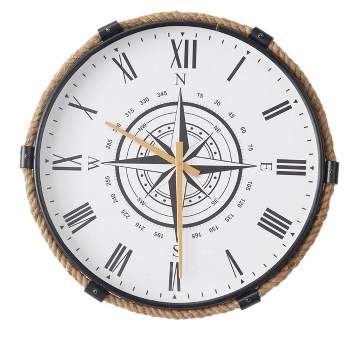 19"x20" Stainless Steel Compass Wall Clock with Rope Accents Brown - Olivia & May