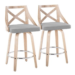 Charlotte 26" Farmhouse Fixed-Height Counter Stool with Swivel in Wood, Fabric, and Round Chrome Metal Footrest by LumiSource - Set of 2 - 1 of 4