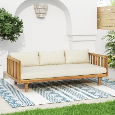 Outdoor 3 Seater Acacia Wood Daybed,Fabric Upholstered Sofa Bed,Open Slat Paneling Armrests Daybed For Patio Backyard,Garden-Coolbibila