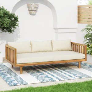 Outdoor 3 Seater Acacia Wood Daybed,Fabric Upholstered Sofa Bed,Open Slat Paneling Armrests Daybed For Patio Backyard,Garden-Coolbibila - 1 of 4