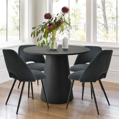 Dwen+Edwin 5-Piece Dining Table Set for 4, 35" Manufactured Black Grain Table and 4 Boucle Chairs Modern Round Dining Room Set-Maison Boucle