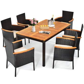 Tangkula 7-Piece Outdoor Dining Set Patio Rattan Table and Chairs Set with Umbrella Hole