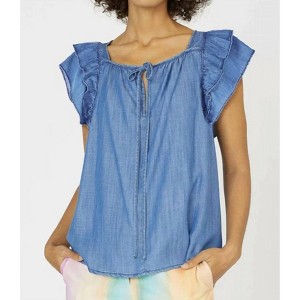 Women's Chambray Flutter Sleeve Keyhole Back Top - current air - 1 of 4