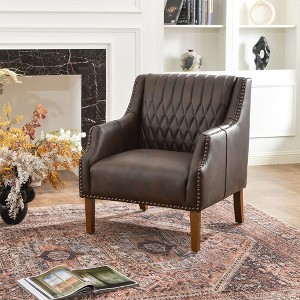 KINWELL Mid-Century Modern Top-Grain Genuine Leather Tufted Upholstered Armchair - 1 of 4