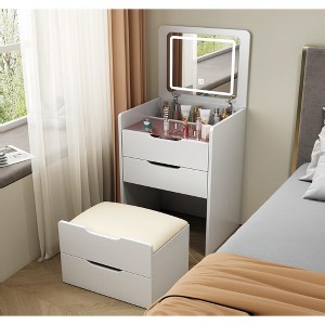 Gulches 3-in-1 Vanity Desk with Flip Top Lighted Mirror, Small Makeup Vanity Set Glass Desktop, 3 Drawers & Cushioned Stool, Compact Dressing Table - 1 of 4