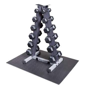 Body-Solid Rubber Dumbbell Set with Rack and Vinyl Mat - 5-30lbs