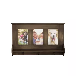 Wall Shelf and Picture Collage with Ledge and 3 Hanging Hooks- Photo Frame Decor Shelving with Rustic Wood Look, Holds 4x6 Pictures By Hastings Home
