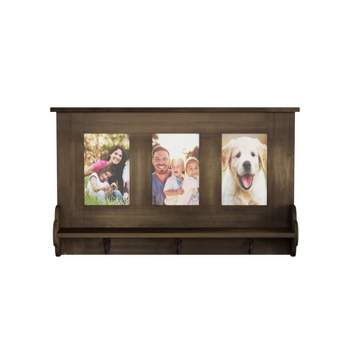 Wall Shelf and Picture Collage with Ledge and 3 Hanging Hooks- Photo Frame Decor Shelving with Rustic Wood Look, Holds 4x6 Pictures By Hastings Home