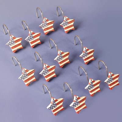 Lakeside Patriotic Americana Star Bathroom Shower Curtain Hooks - Set of 12