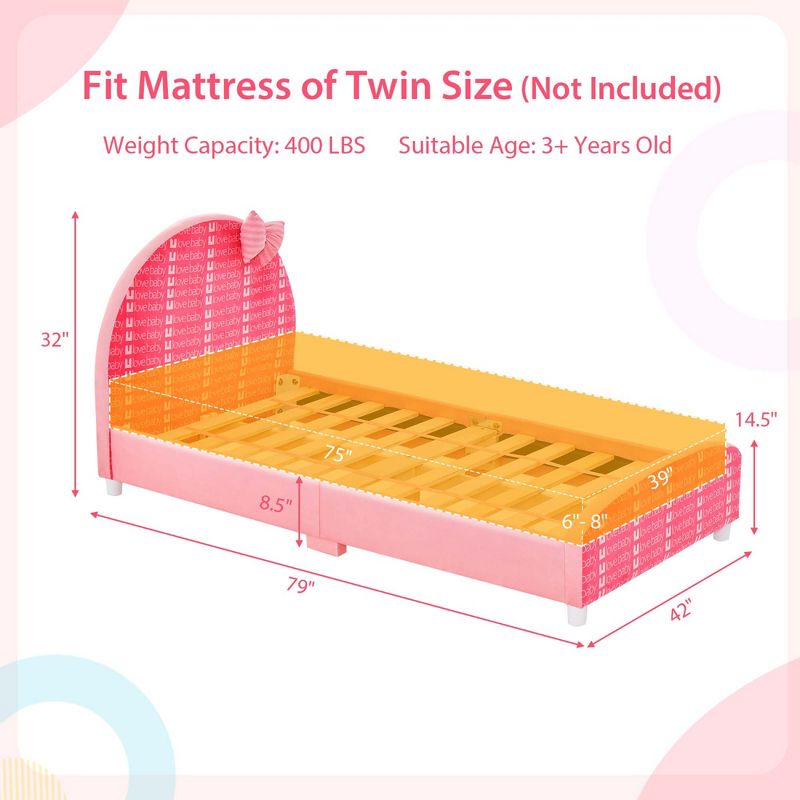 Honeyjoy Children Twin Size Upholstered Platform Single Bed with Headboard & Footboard Pink, 3 of 11