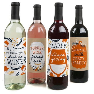 Big Dot of Happiness Happy Thanksgiving - Fall Harvest Party Decorations for Women and Men - Wine Bottle Label Stickers - Set of 4