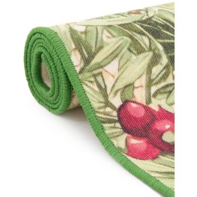 Beige and Green Oval Floral Synthetic Outdoor Rug