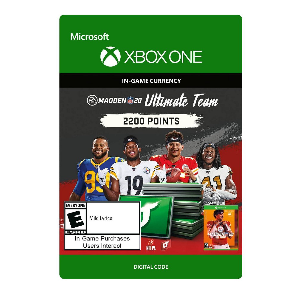 Madden NFL 20: Ultimate Team 2200 Points - Xbox One (Digital) Feel like an NFL Superstar in Madden NFL 20 and get a jump start on the competition with 2200 Madden Ultimate Team Points. Compete in the ultimate NFL fantasy team-building mode featuring your favorite NFL players from the past and present. Play games, collect rewards, and upgrade your team with engaging live challenges all year long. REQUIRES MADDEN NFL 20 ON XBOX ONE (SOLD SEPARATELY) AND ALL GAME UPDATES.