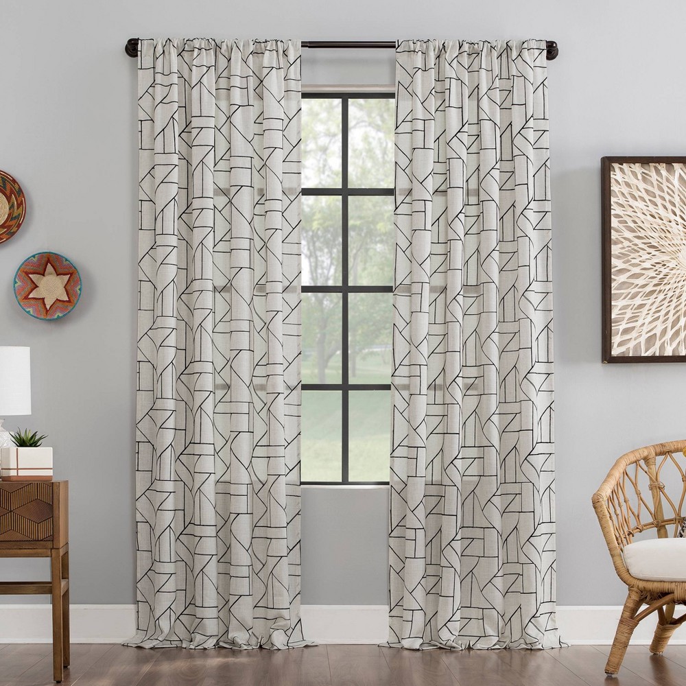 Photos - Curtains & Drapes 50"x63" Archaeo Light Filtering Jigsaw Embroidery Linen Blend Curtain Pane