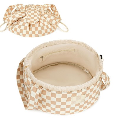 Narwey Checkered Makeup Bag with Compartments + Barrel Drawstring Checkered Makeup Bag