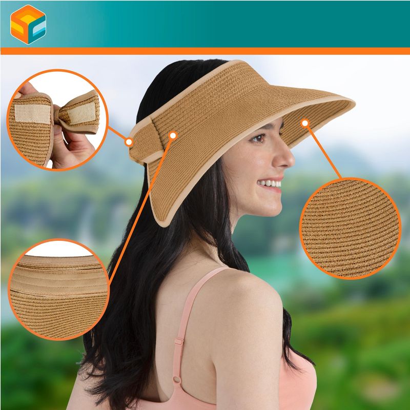 SUN CUBE Womens Sun Visor Hat, Beach Straw Roll Up Ponytail Hat, Wide Brim Sun Hat for Summer UV Protection Foldable, 4 of 8