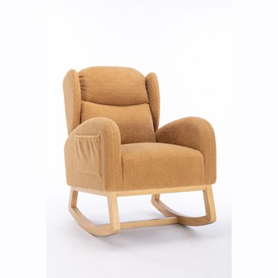 Vynxaria Khaki Teddy Fabric Rocking Accent Chair with Wooden Legs, Indoor Rocker