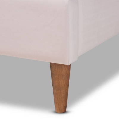 Queen Light Pink Velvet Tufted Platform Bed with Walnut Legs