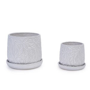 NAYSAYE Planter Set of 2 Ceramic Planter Pot Elegant Embossed Leaf Design for Indoor Outdoor Garden, Gloss White, 8.08"*8.08"*7.09" - 1 of 4