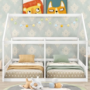 NicBex Twin Size Platform Bed Modern House-Shaped Pine Bed Frame with 2 Beds Side by Side and Guardrails for Bedroom, No Box Spring Required, White - 1 of 4