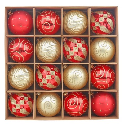 16pc Glittery Red and Gold Christmas Ornament Bauble Set, Elegant and Sophisticated Holiday Bundle| OrnamentallyYou