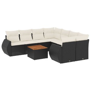 vidaXL 9 Piece Patio Sofa Set with Cushions Black Poly Rattan - Black and Cream - 1 of 4