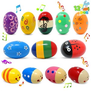 Joyfy 12 Pcs 3" Wooden Easter Eggs Shakers Musical Toys for Kids, Easter Gifts, Basket Stuffers, Easter Party Favors - 1 of 4