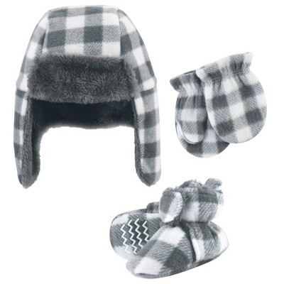Image of Hudson Baby Unisex Baby Trapper Hat, Mitten and Bootie Set, Charcoal White Plaid, 18-24 Months