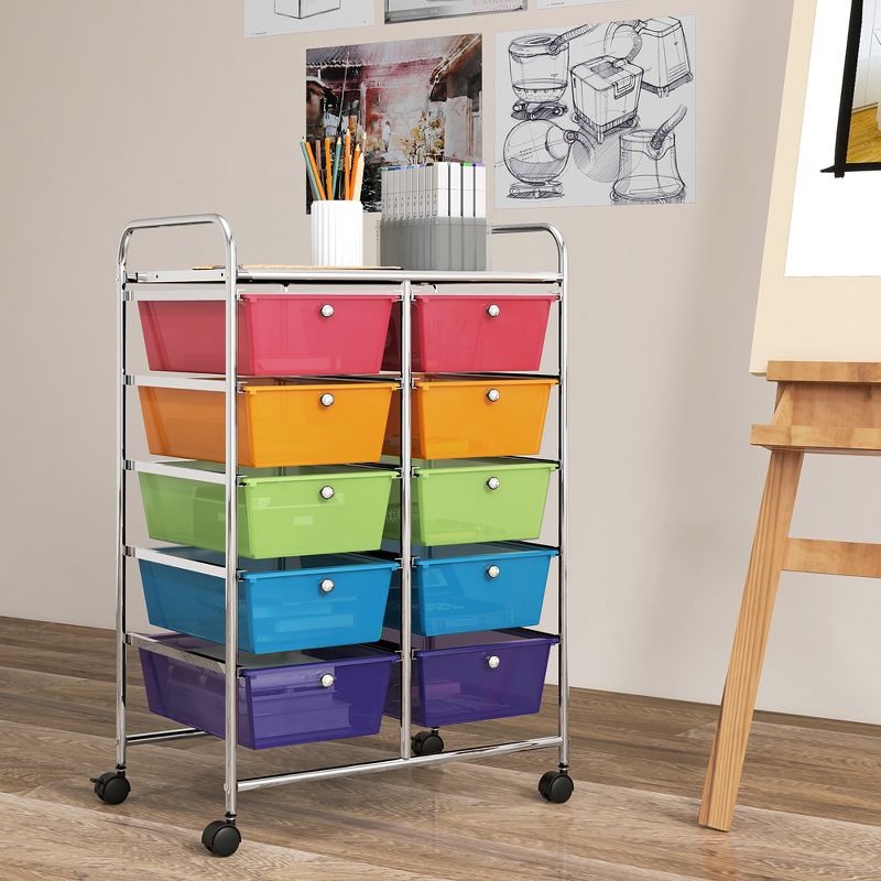 Tangkula 10-Drawer Rolling Storage Cart Tools Scrapbook Paper Organizer on Wheels Rainbow, 4 of 11