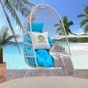 Gulches Blue PE Rattan Egg Swing Chair Foldable Outdoor Hanging Chair with Washable Cushion, Stainless Steel Suspension Kit, 270lbs Capacity - 1 of 4
