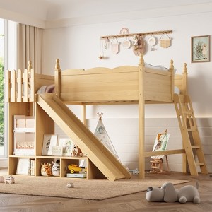 KWPZQEB Kids Loft Bed with Storage Shelves, Detachable Slide and Ladders, Wooden Kids Loft Bed with Safety Guardrail, Under-Bed Play Space - 1 of 4