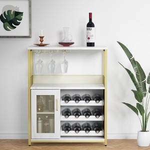 3-Tier Wine Bar Cabinet w/Detachable Rack - Buffet Storage w/Glass Holder & Mesh Door - 1 of 4