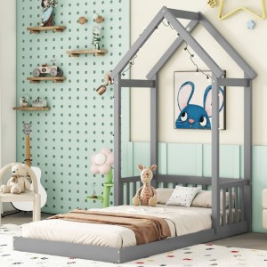Sturdy Twin-Size Floor Bed featuring a House-Shaped Headboard and Roof, Constructed for Enduring Quality - 1 of 4