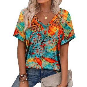 Women's Tops 2025 V Neck Short Sleeve T Shirts Trendy Dressy Vacation Outfits Printed Casual Blouse - 1 of 4