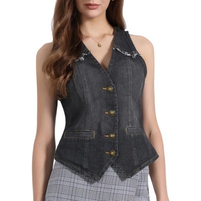 INSPIRE CHIC Women's Denim Sleeveless Collarless Washed Distressed Jean Vest