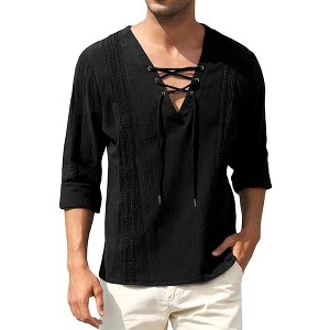 Clearlove Mens Linen Henley Shirts Lace Up Long Sleeve V Neck Casual Lightweight Cotton Hippie Shirts - 1 of 4