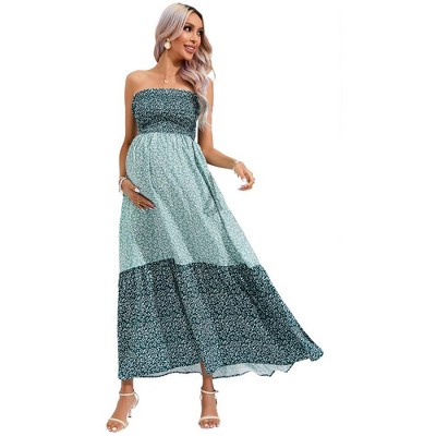 Maternity Sleeveless Smocked Dress Summer Strapless Boho Flowy Tube Top Casual Maxi Dress For Photoshoot Baby Shower